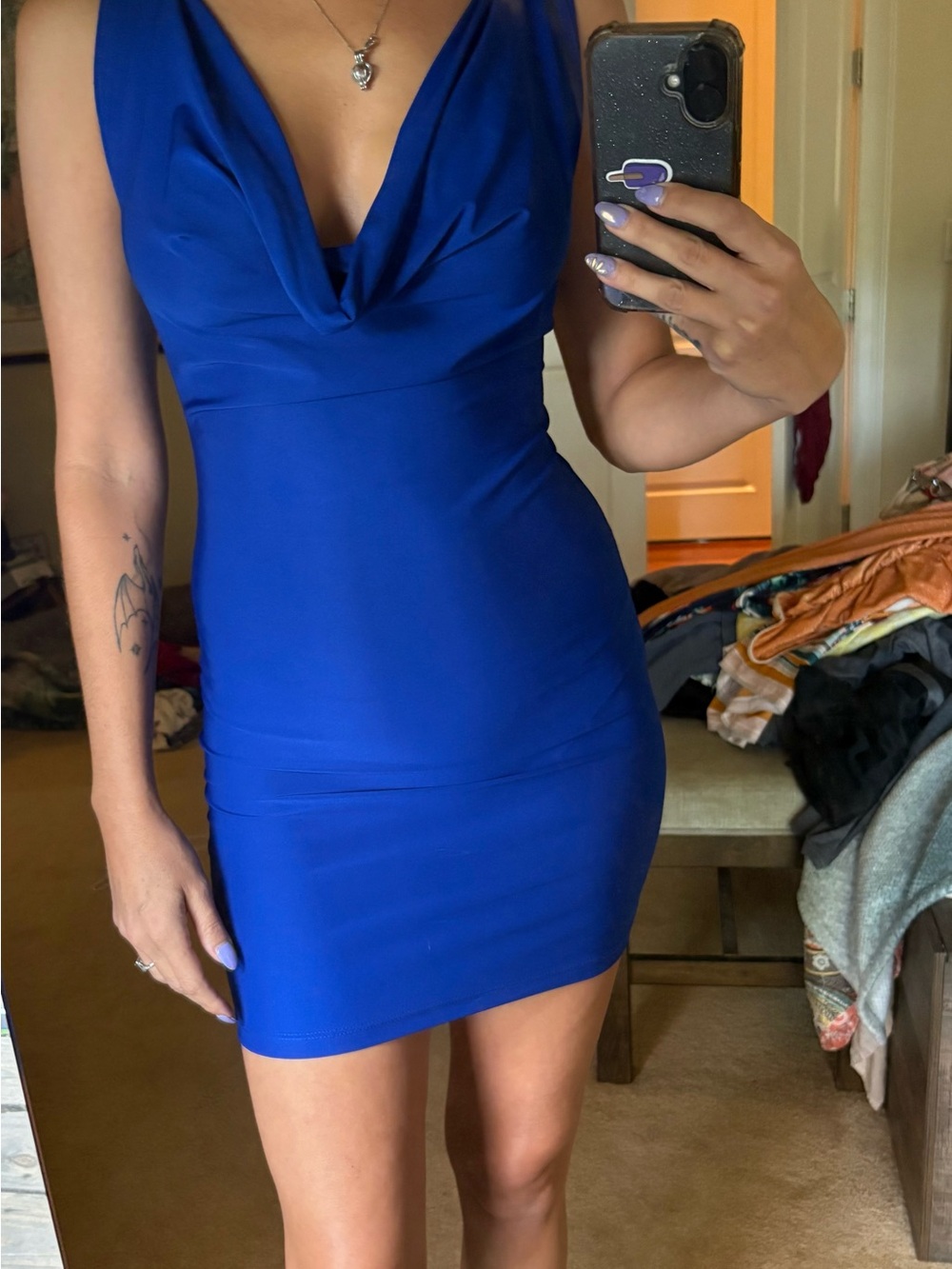Sabora Royal Blue Cowl-Neck Bodycon Mini Dress